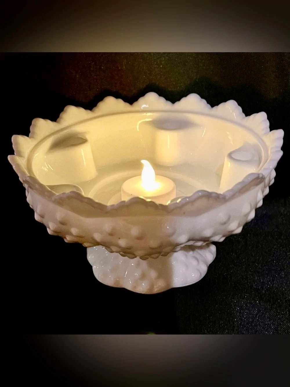 Fenton White Hobnail Milk Glass 6-Candle Holder Centerpiece Bowl Pedestal OG Tag
